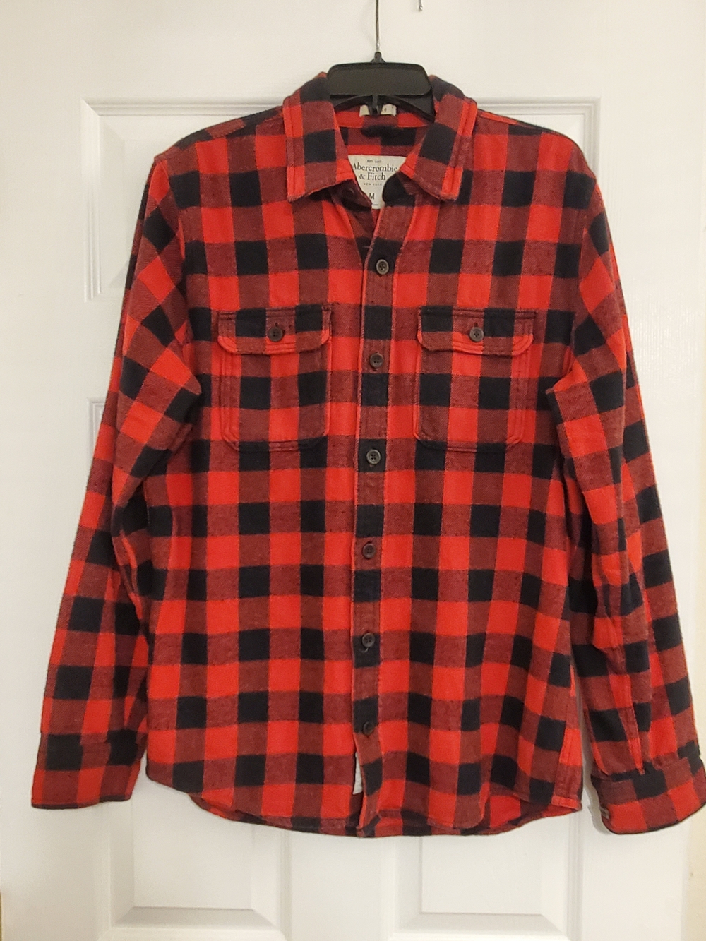 Abercrombie & Fitch Men's Red and Black Buffalo Plaid Flannel Shirt